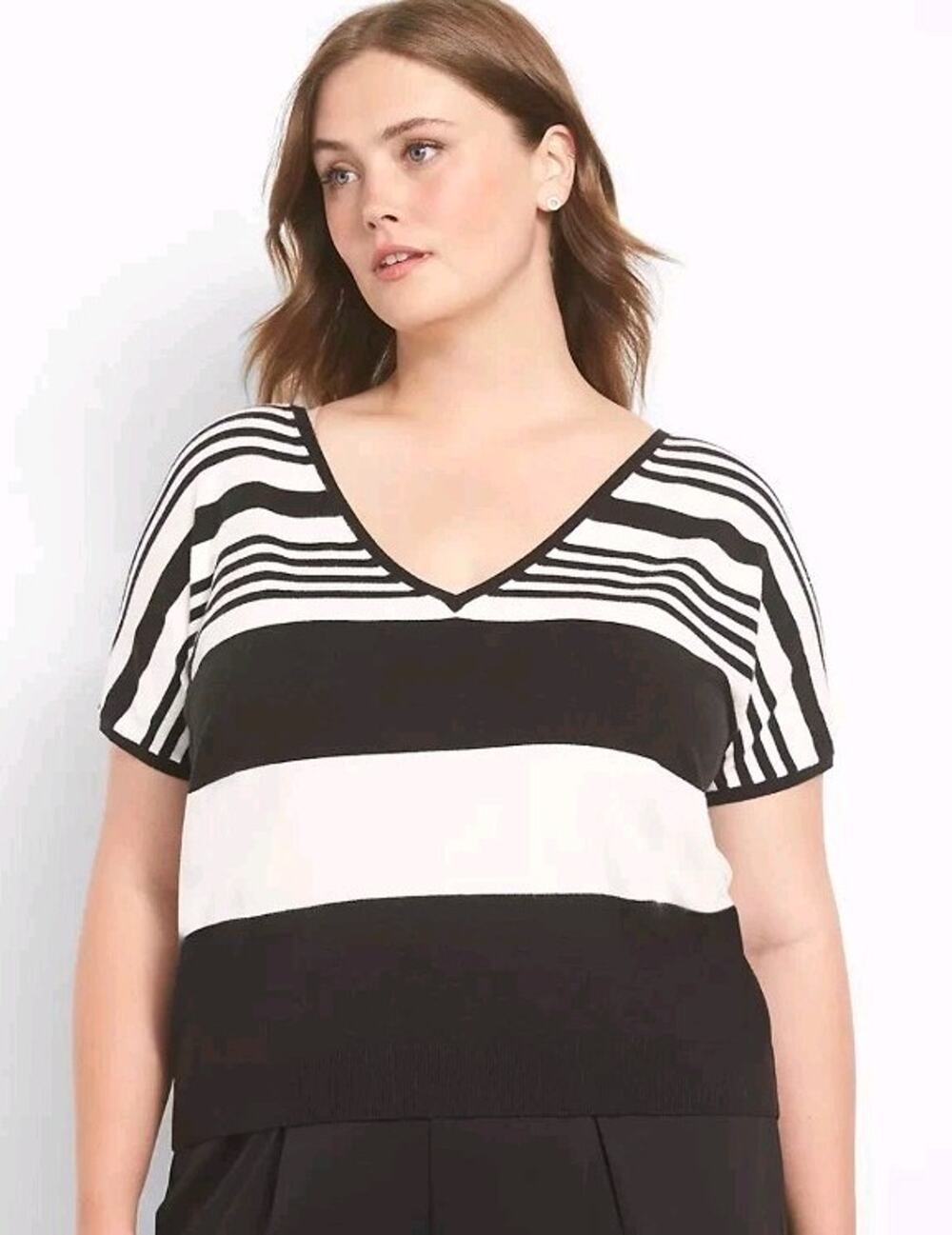 Lane Bryant size 26/28 Short Dolman Sleeve V-neck Sweater black ivory stripe